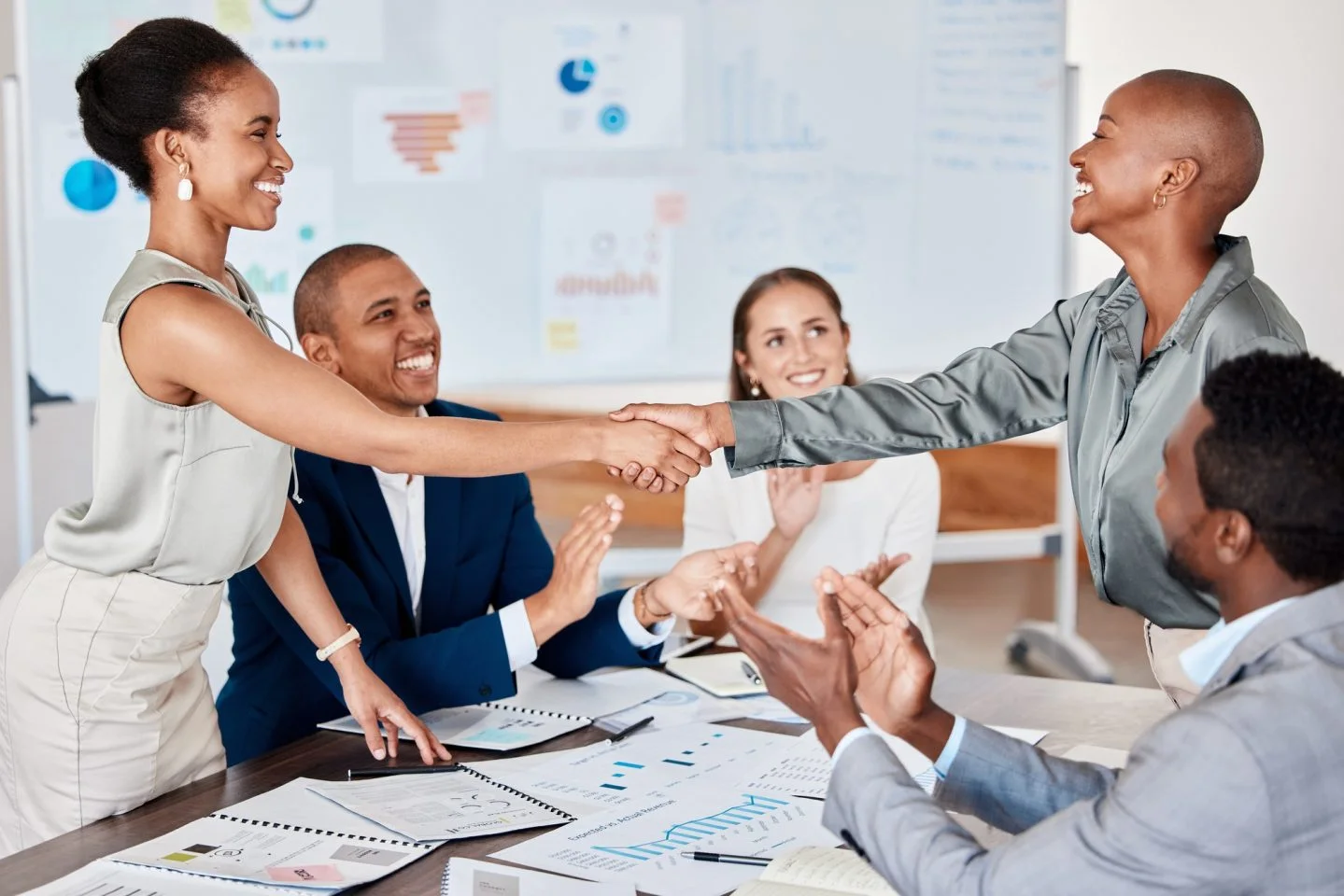 partnership handshake b2b client contract success or deal of business diversity and office team t
